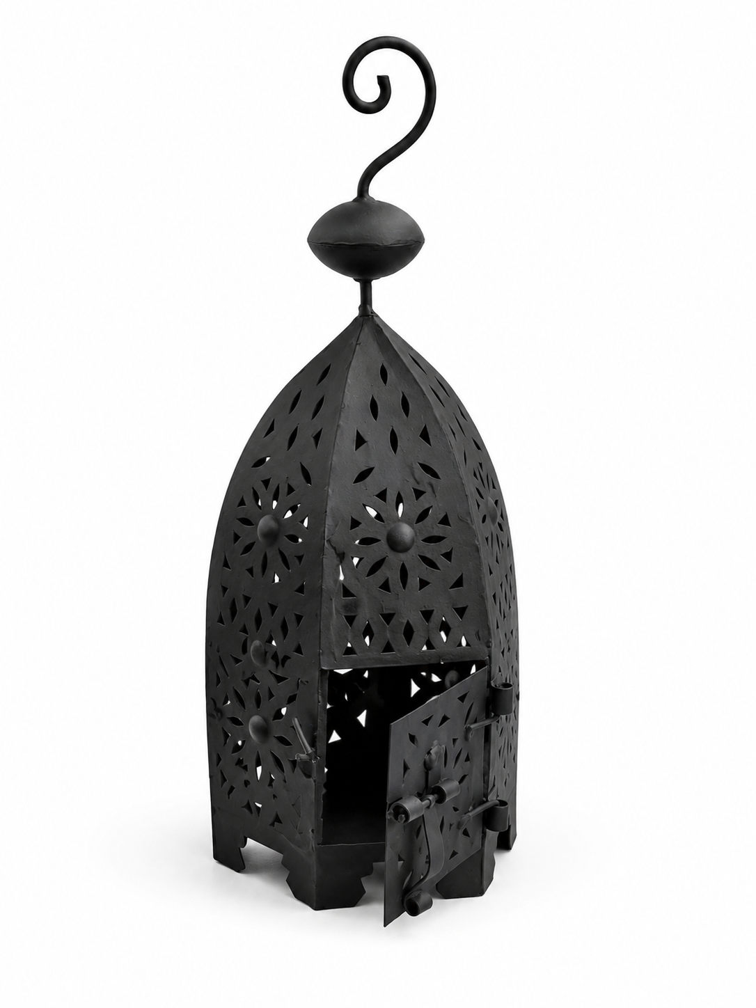 Handgemaakte Marokkaanse Lantaarn – Zwart Metaal – Zeshoekige Kaarshouder – 42 cm