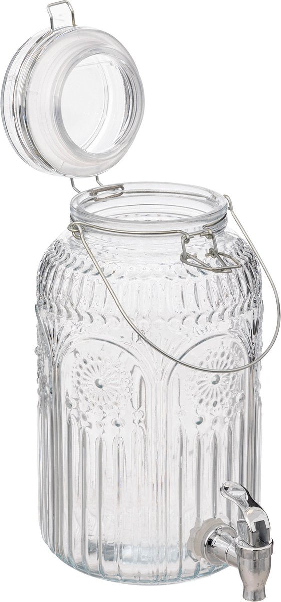 5Five Distributeur de boisson/eau/jus/limonade Marbella - 3.8 Litres - verre décoré - robinet/couvercle - argent - distributeur de boisson