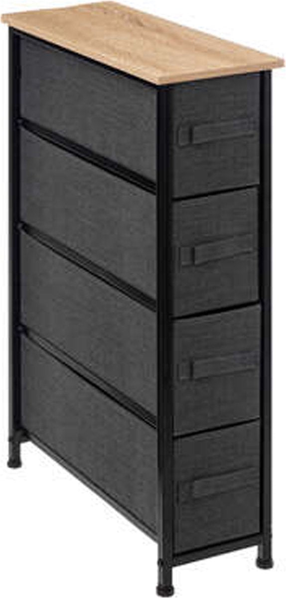 5Five Aufbewahrungskorb/Badezimmerschrank – 4x Körbe – 20 x 48 x 77 cm – Metall/Holz/Stoff – Rollen – Dunkelgrau