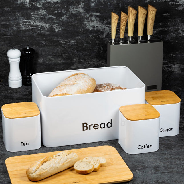 Kinghoff 1026 - Ensemble de boîtes à pain - Blanc - Acier inoxydable avec bois - 35x23x18,5 cm