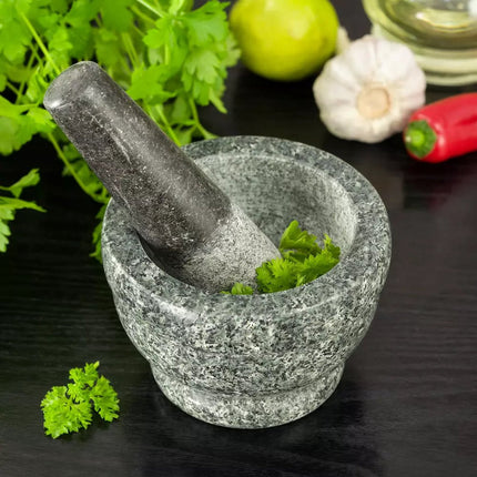 Kinghoff Mortier et Pilon en Granit - Ø 9,5 x 7 cm, Granit Naturel, Résistant et Élégant, Mortier en Granit