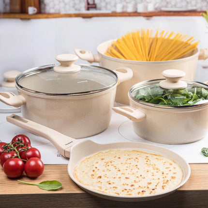 Klausberg KB-7963 Batterie de cuisine 7 pièces Beige | Revêtement antiadhésif Marbre | Poêle à frire 24 cm incluse | Convient pour l'induction
