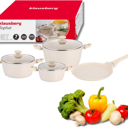 Klausberg KB-7963 Batterie de cuisine 7 pièces Beige | Revêtement antiadhésif Marbre | Poêle à frire 24 cm incluse | Convient pour l'induction