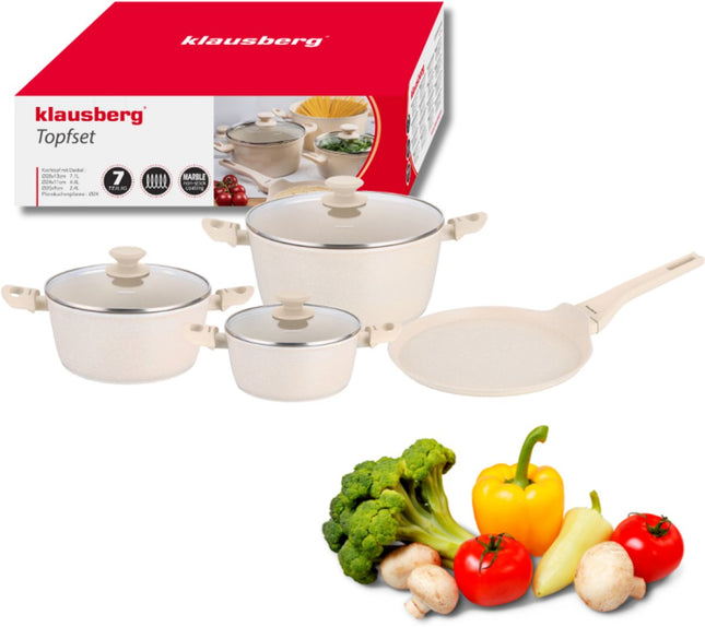 Klausberg KB-7963 Batterie de cuisine 7 pièces Beige | Revêtement antiadhésif Marbre | Poêle à frire 24 cm incluse | Convient pour l'induction