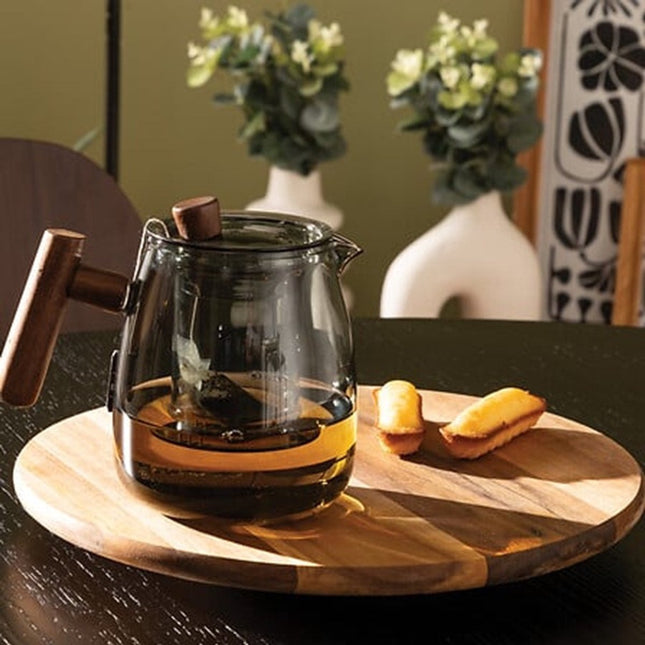 5Five Design Théière - 800 ml - verre borosilicate - gris transparent - infuseur/manche en bois - pot à thé