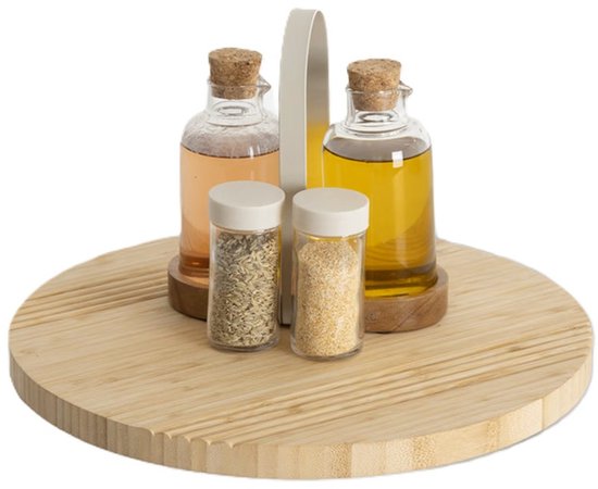 5Five draaibaar serveer plateau - dienblad - bamboe hout - D35 cm - lichtbruin - roterend op hoge schijf - tapas - gebakjes - kaas