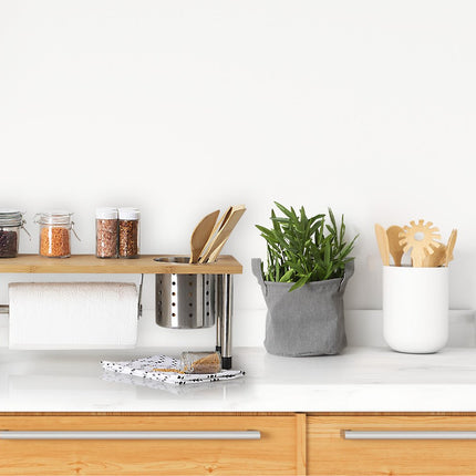 Range-bouteilles 5Five/Organisateur de comptoir avec porte-rouleau d'essuie-tout/porte-ustensiles de cuisine - 56 x 20 x 21 cm - Bambou/Acier inoxydable