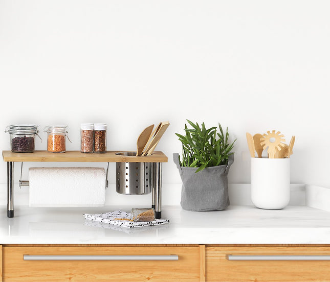 Range-bouteilles 5Five/Organisateur de comptoir avec porte-rouleau d'essuie-tout/porte-ustensiles de cuisine - 56 x 20 x 21 cm - Bambou/Acier inoxydable