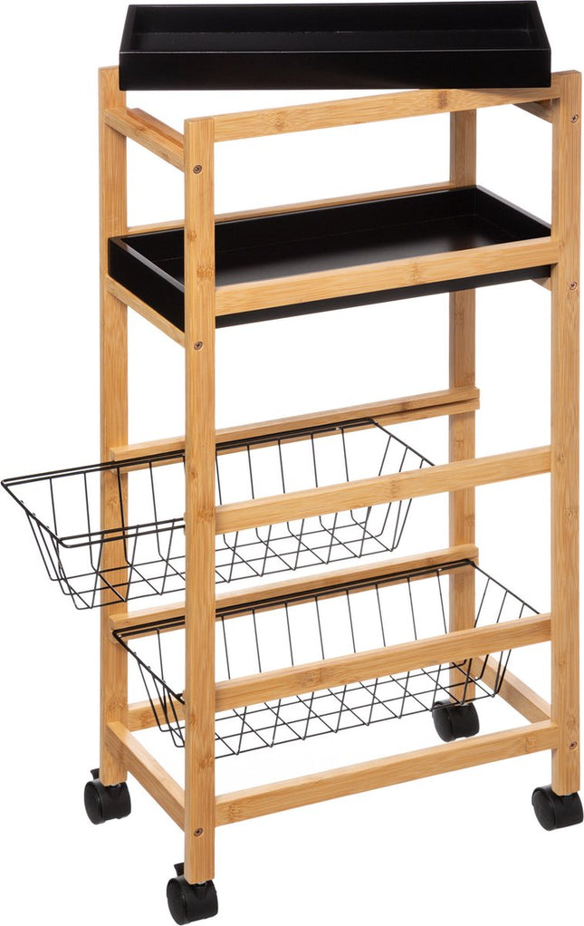 5Five Keukentrolley - lichtbruin/zwart 4-laags - D22 x B40 x H83 cm - bamboe/kunststof/metaal