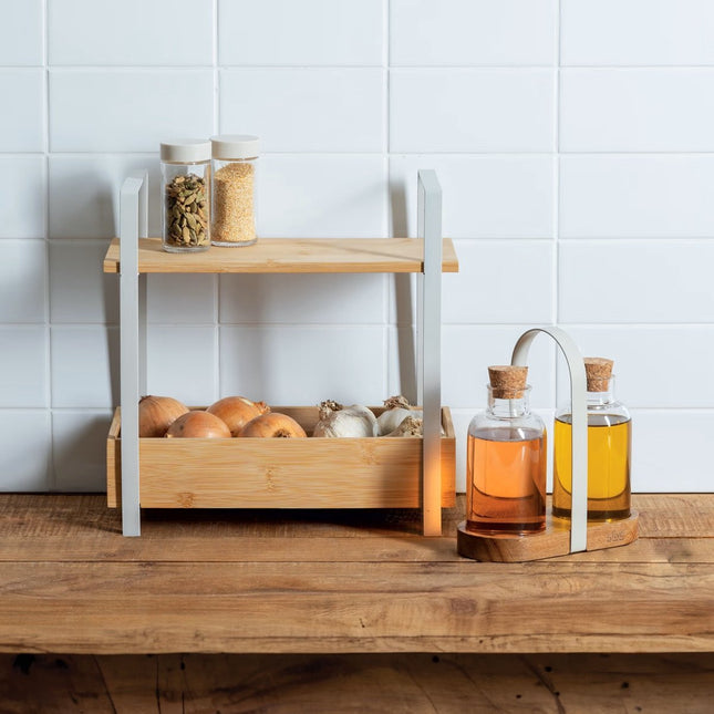 5Five Ordera Étagère de rangement avec plateau en bambou - 2 niveaux - 30x14x30cm - Blanc/Beige
