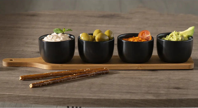 5Five Planche de service/planche apéritive pour amuse-bouches/sauces/tapas - faïence - noir - avec 4 petits bols