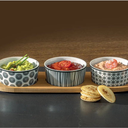 5Five Serveerplank/borrelplank hapjes/saus/tapas - aardewerk - wit - met 3x schaaltjes