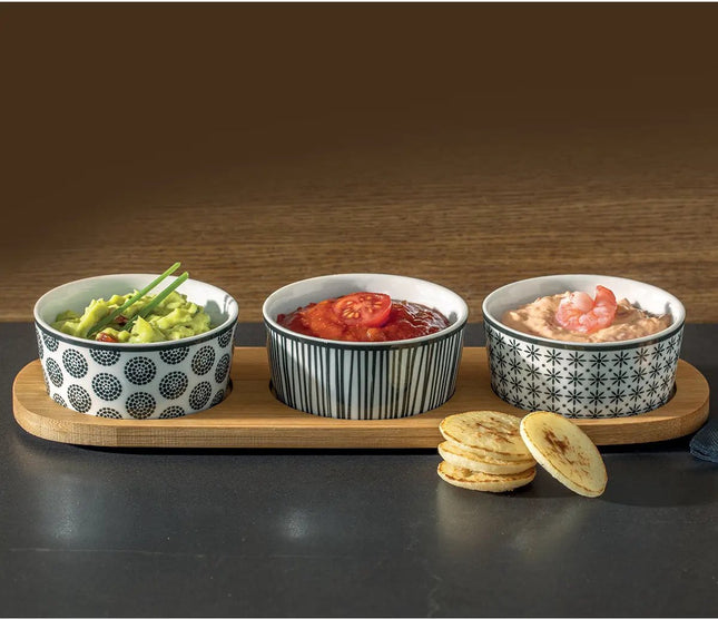 5Five Serveerplank/borrelplank hapjes/saus/tapas - aardewerk - wit - met 3x schaaltjes