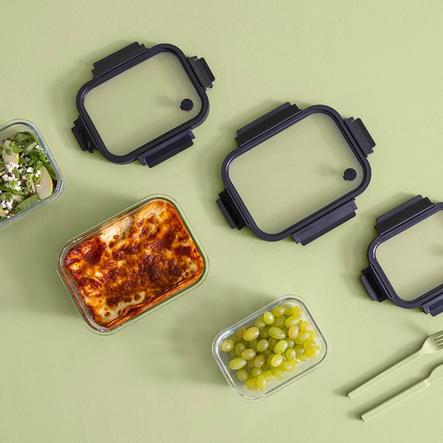 5Five Vershoudbakje met deksel - glas - luchtdicht - met clips - 19 x 14 x 7 cm - 500 ml - zwart/transparant