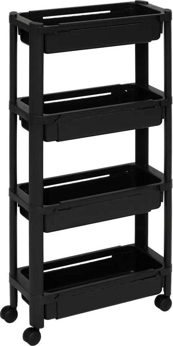 5Five Chariot de cuisine/salle de bain 4 niveaux - L37 x l15 x H79 cm - noir - plastique PP - avec roues - paniers/bacs de rangement