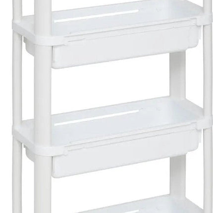 5Five Chariot de cuisine/salle de bain à 4 niveaux - L37 x l15 x H79 cm - blanc - plastique PP - avec roulettes - paniers/bacs de rangement