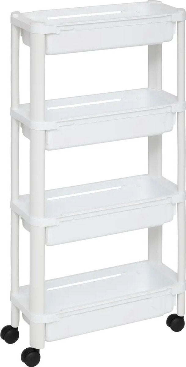5Five Chariot de cuisine/salle de bain à 4 niveaux - L37 x l15 x H79 cm - blanc - plastique PP - avec roulettes - paniers/bacs de rangement