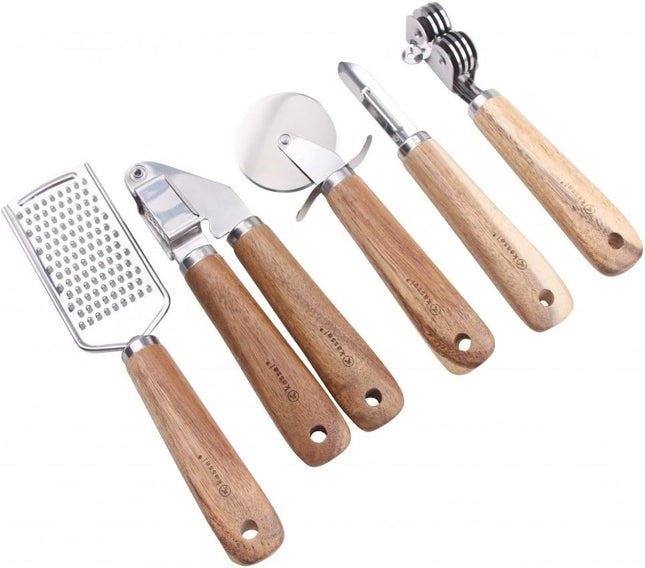 Kassel Ensemble de 5 accessoires de cuisine, acier inoxydable, bois d'acacia