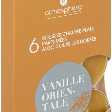 Atmosphera Créateur D'Intérieur - Bougies Chauffe-plat Parfumées - Bougies Parfumées - Bougies Chauffe-plat - Bougies Chauffe-plat Parfumées - Scented Tealight Candles - Vanille Orientale - 1 boîte de 6 bougies chauffe-plat