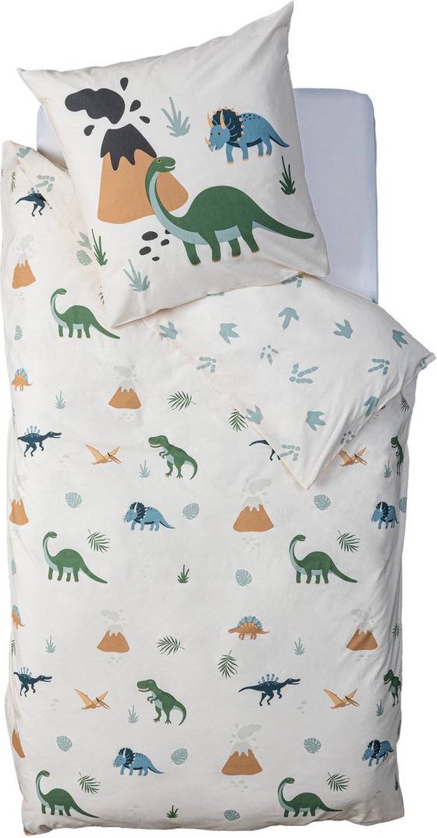Housse de couette et taie d'oreiller coton 140 x 200 cm - 2 en 1 - Housse de couette dinosaure coton - Housse 1 personne - Housse de couette enfant réversible