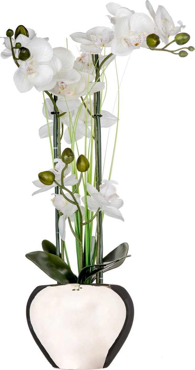 Atmosphera Orchidee bloem kunstplant - wit - H53 x B37 cm - in luxe zilveren pot