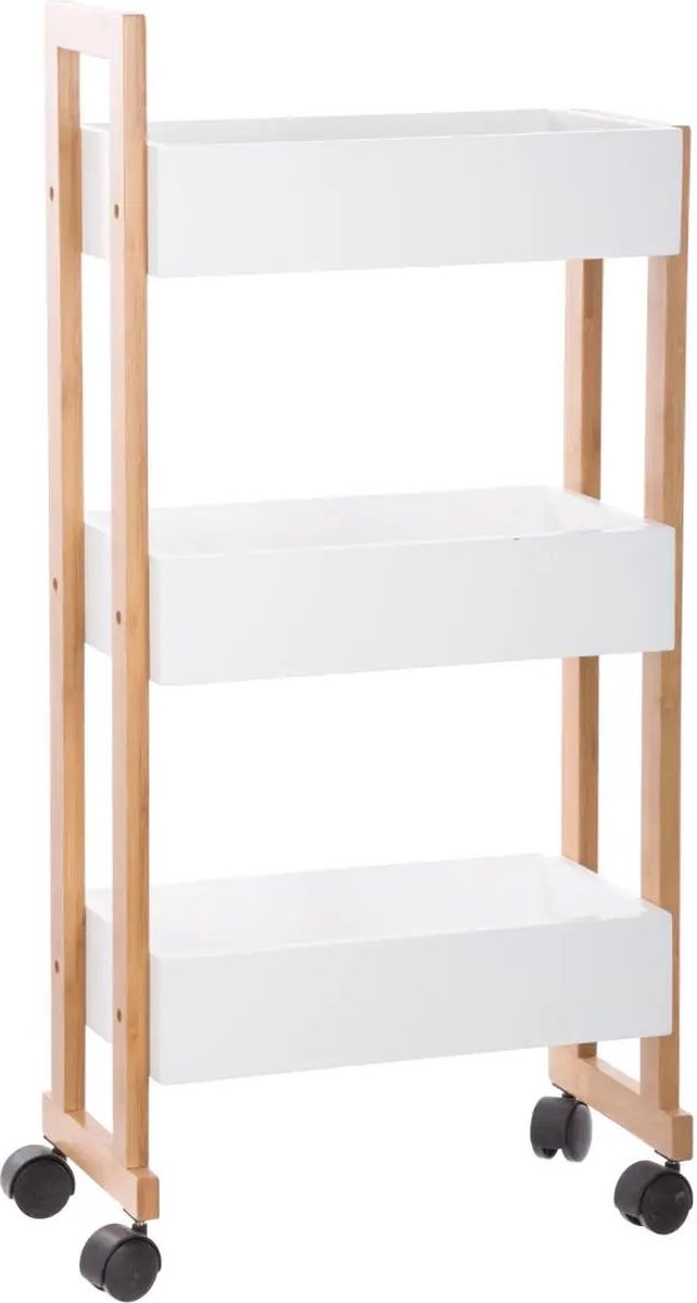 5Five Étagère de douche/salle de bain/chariot - bambou/mdf - blanc - 3 niveaux - 41 x 20 x 80 cm