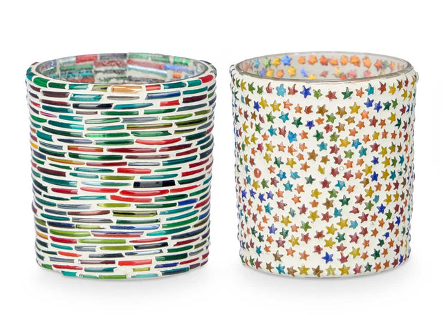 Lot de 2 photophores - Motif rayures et étoiles (8 x 8 x 9,5 cm)