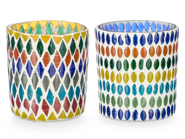 Lot de 2 photophores – Motif carreaux et feuilles (8 x 8 x 9,5 cm)