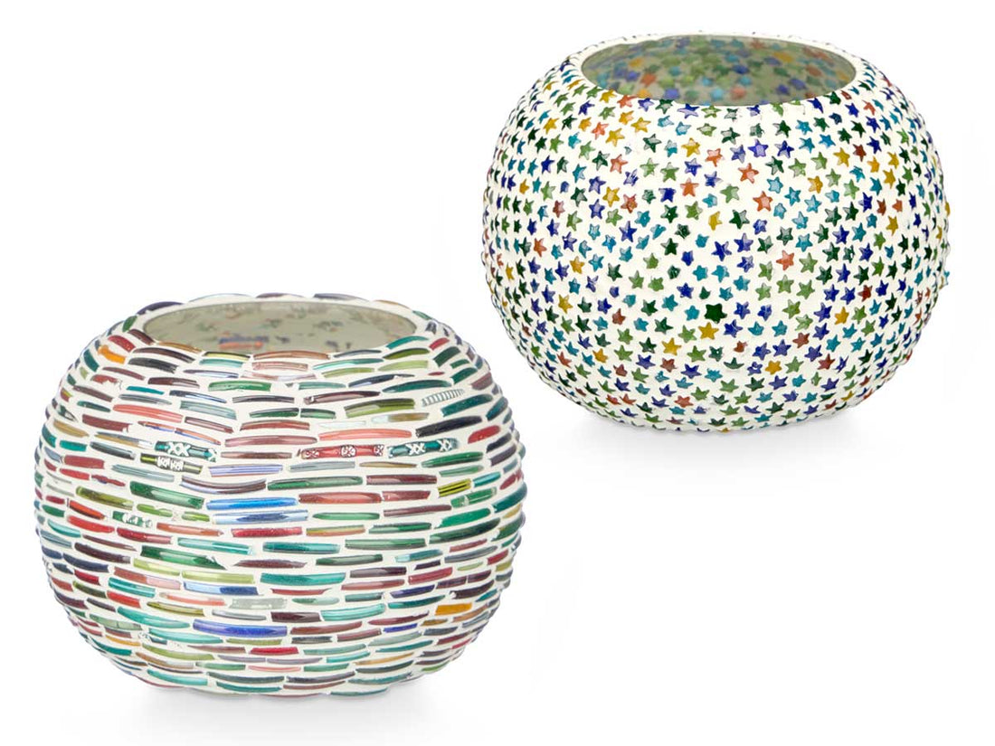 Set van 2 Ovale Windlichten - Strepen- en Sterrenmotief (12, 5 x 12, 5 x 8 cm)