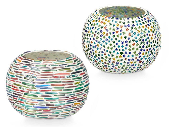 Lot de 2 photophores ovales - Motif rayures et étoiles (12,5 x 12,5 x 8 cm)