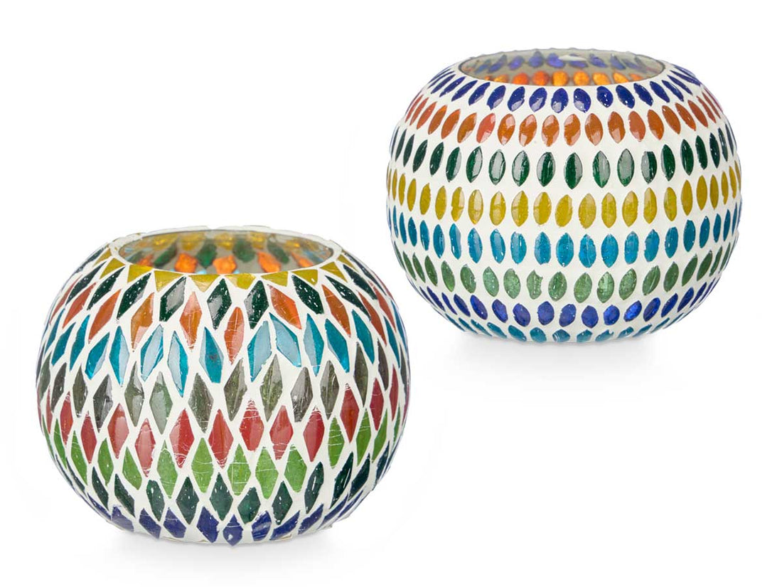 Set van 2 Ovale Windlichten - Kleurrijke Ruitmotieven (12, 5 x 12, 5 x 8 cm)
