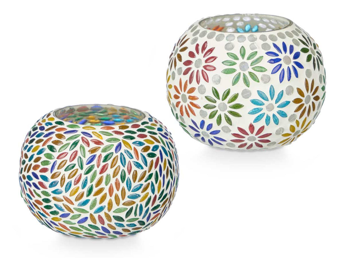 Set of 2 Oval Hurricane Lamps - Floral and Leaf Patterns (12.5 x 12.5 x 8 cm)