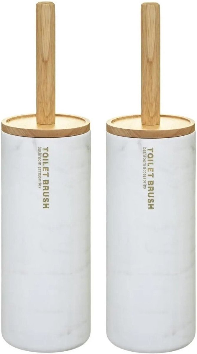 2x 5five WC / toilet brush with holder - white with marble effect - plastic / bamboo - 38 cm