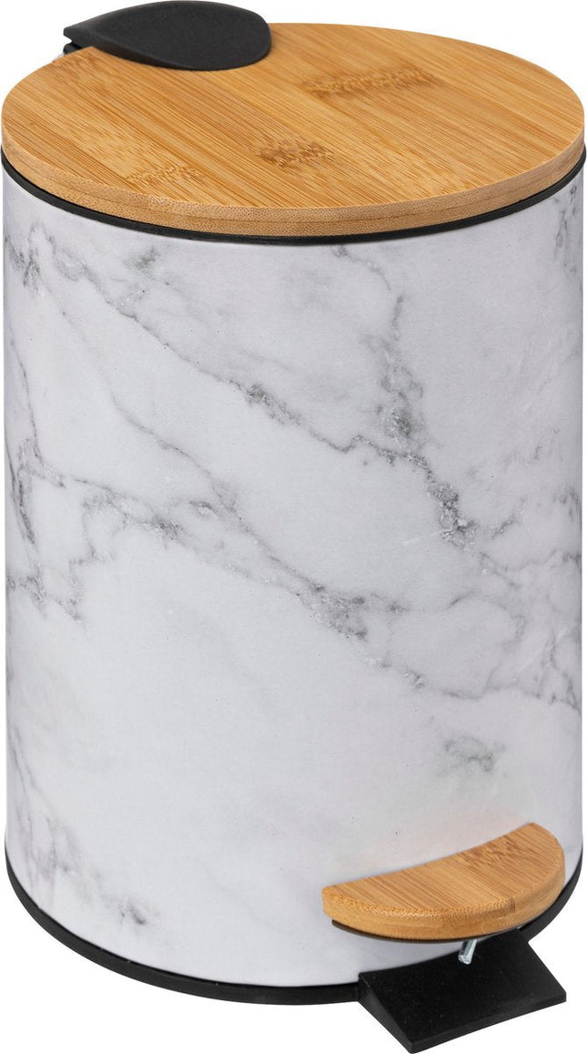 5Five Poubelle/poubelle à pédale aspect marbre - blanc - 3 litres - métal/bambou - 17 x 25 cm - fermeture douce