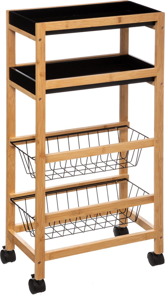 5Five Keukentrolley - lichtbruin/zwart 4-laags - D22 x B40 x H83 cm - bamboe/kunststof/metaal