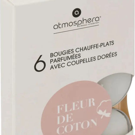 Atmosphera Créateur d'Intérieur - Bougies Chauffe-Plat Parfumées - Bougies Parfumées - Chauffe-Plats - Bougies Chauffe-Plat Parfumées - Scented Tealight Candles - Fleur de Coton - 1 boîte de 6 bougies chauffe-plat