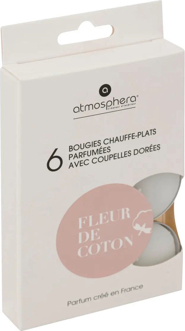 Atmosphera Créateur d'Intérieur - Bougies Chauffe-Plat Parfumées - Bougies Parfumées - Chauffe-Plats - Bougies Chauffe-Plat Parfumées - Scented Tealight Candles - Fleur de Coton - 1 boîte de 6 bougies chauffe-plat
