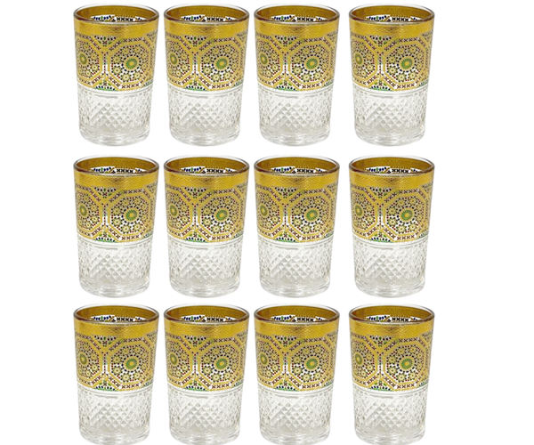 Verres à Thé Marocains – Set de 12 Pièces | Design Mosaïque Dorée &amp; Colorée | 160ml