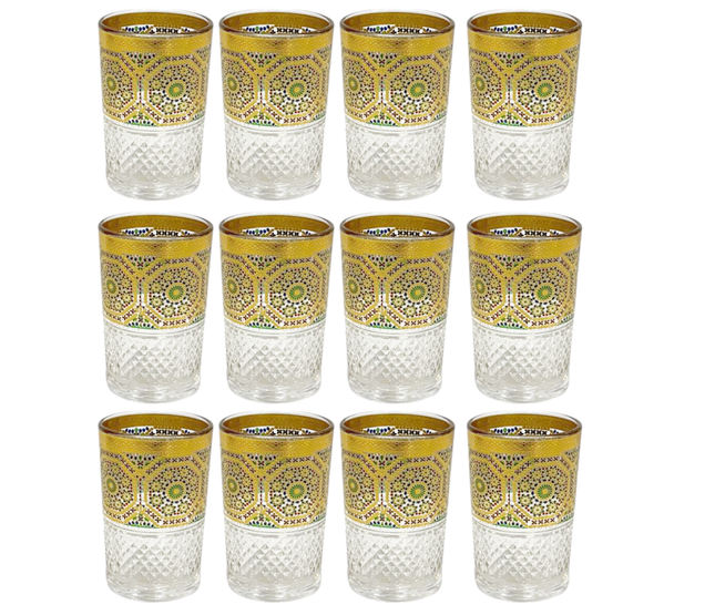 Verres à Thé Marocains – Set de 12 Pièces | Design Mosaïque Dorée & Colorée | 160ml
