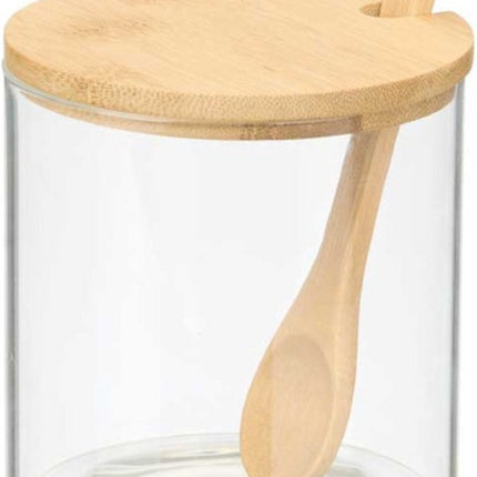 Vivalto Sucrier Bambou - verre/bois de bambou - transparent - 12 cm - distributeur avec cuillère - version de luxe