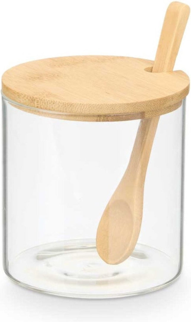 Vivalto Sucrier Bambou - verre/bois de bambou - transparent - 12 cm - distributeur avec cuillère - version de luxe