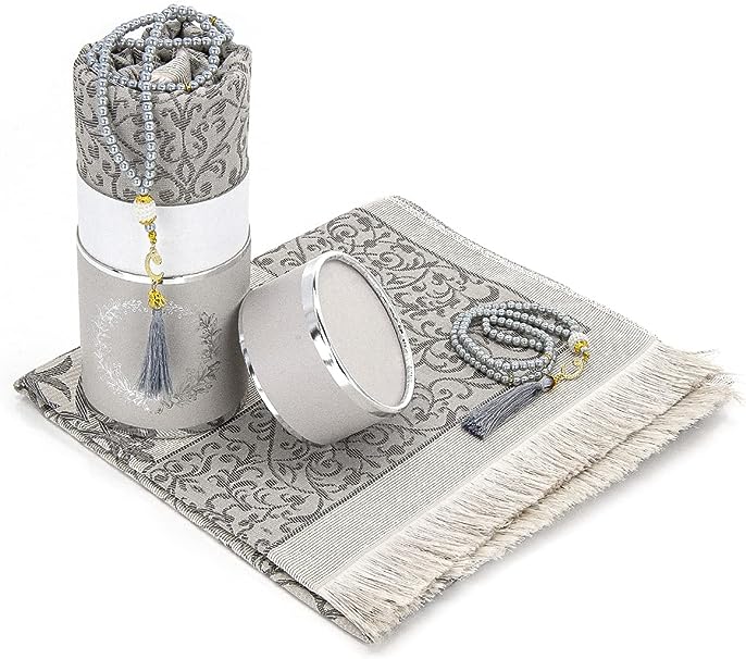 Geschenkset gebedskleed met tasbeeh – in ronde cadeaubox met gouden rand