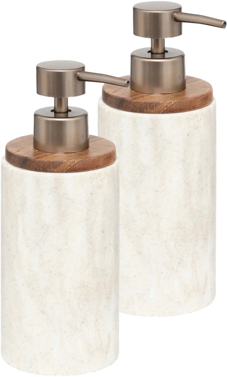 5Five Seifenspender Como Marble - 2x - Kunststein - weiß - 7 x 19 cm - 300 ml - Badezimmer- / Küchenzubehör