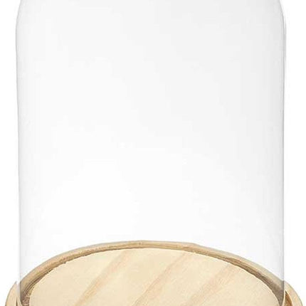 Giftdecor Cloche décorative - verre - plateau en bois beige - D20 x H30 cm