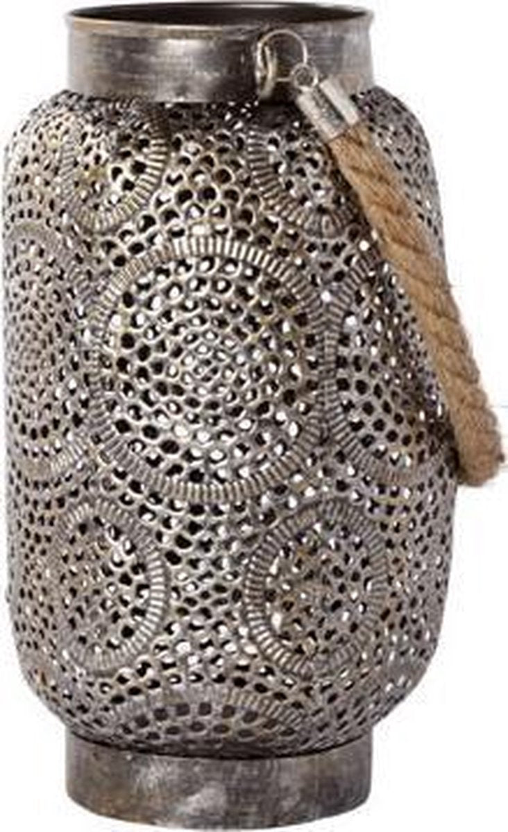 Ethnic Lantern for Candles - Indoor and Outdoor - Hurricane Lamp - Table Lamp - Silver Metal - 21.5cm