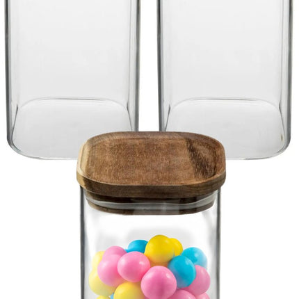 5Five Pot de conservation alimentaire - 3 pièces - verre avec couvercle en bois d'acacia - 1000 ml - avec couvercle hermétique