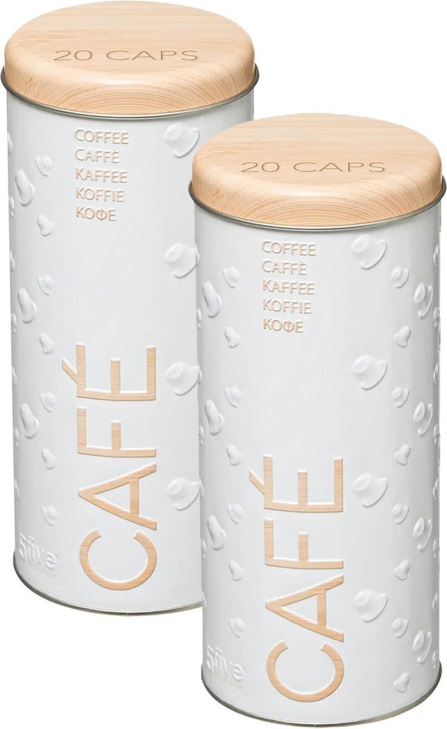 5Five Boîte/pot de conservation pour dosettes de café - 2x - métal - 18 x 8 cm - pour 20 dosettes