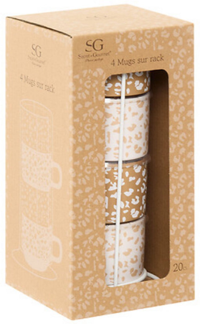 Lot de 4 tasses Leopardi - Imprimé léopard - 20 cl - 2x marron caramel, 2x blanc/beige - Tasses à café et à thé - Imprimé panthère - Ensemble de tasses à thé