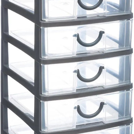 5Five Bloc de tiroirs/organisateur de bureau 5 tiroirs - gris/transparent - L12 x l15 x H25 cm - plastique