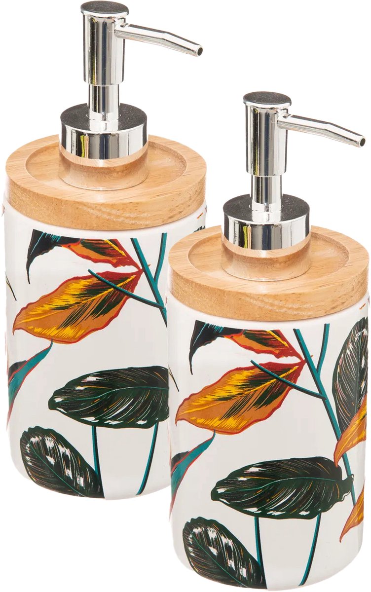 5Five Zeeppompje / zeepdispenser - 2x - Palawan - wit / zilver - 280 ml - badkamer - keuken - toilet - polyresin kunststeen